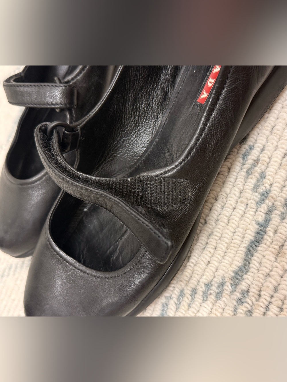 Archival PRADA SPORT Y2K Black Leather Mary Jane Flats Linea Rossa Red Stripe 37 - Picture 16 of 16